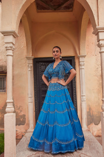 Blue Lehenga With Mock Jacket Blouse