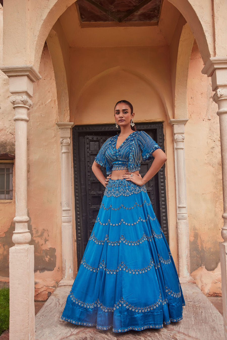 Blue Lehenga With Mock Jacket Blouse