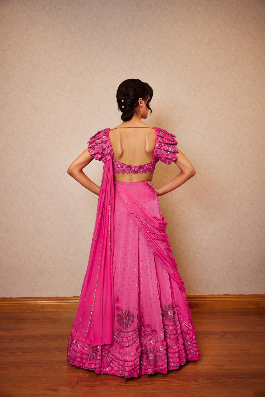 Hot Pink Lehenga With Batwing Sleeves