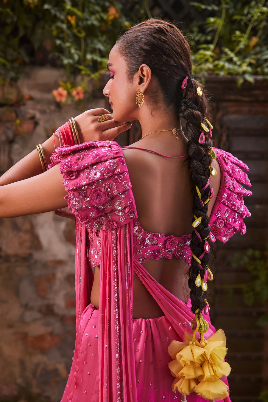 Hot Pink Lehenga With Batwing Sleeves