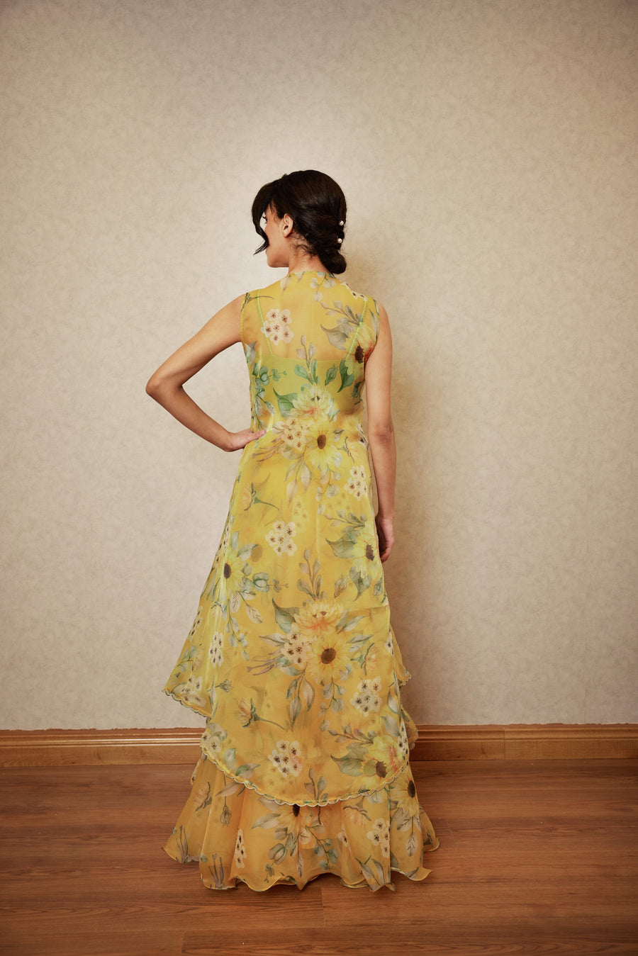 Yellow Printed Organza Cape Set