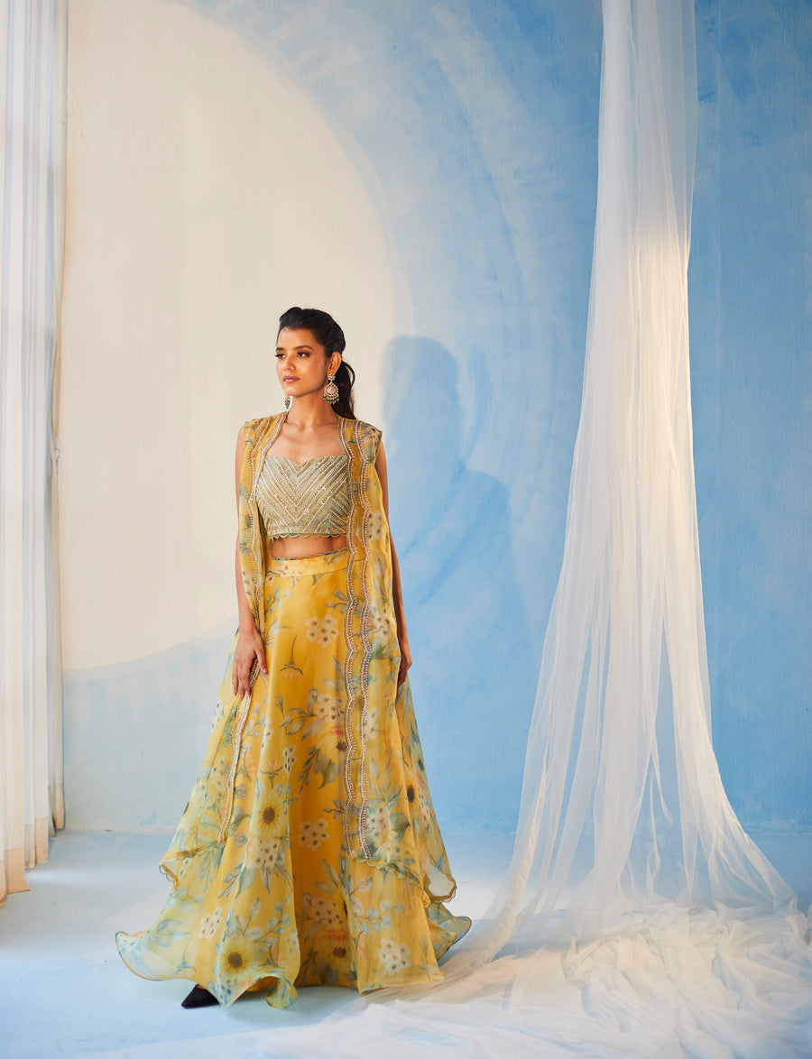 Yellow Printed Organza Cape Set