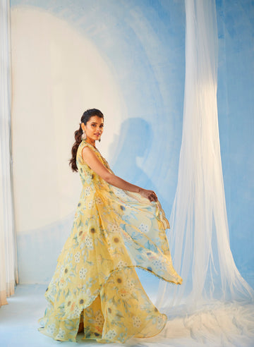 Yellow Printed Organza Cape Set