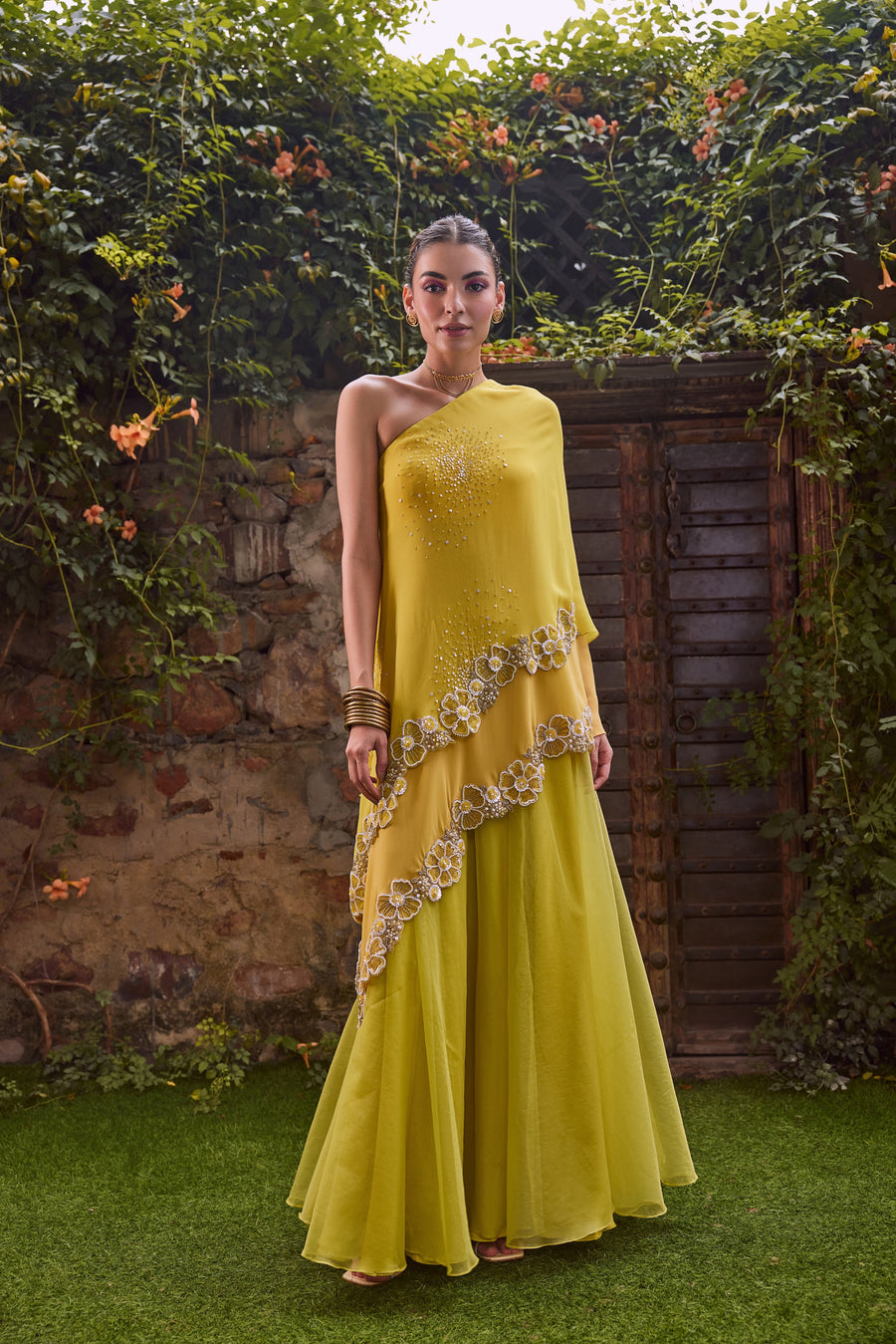 Lime/Yellow One Shoulder Cape Set