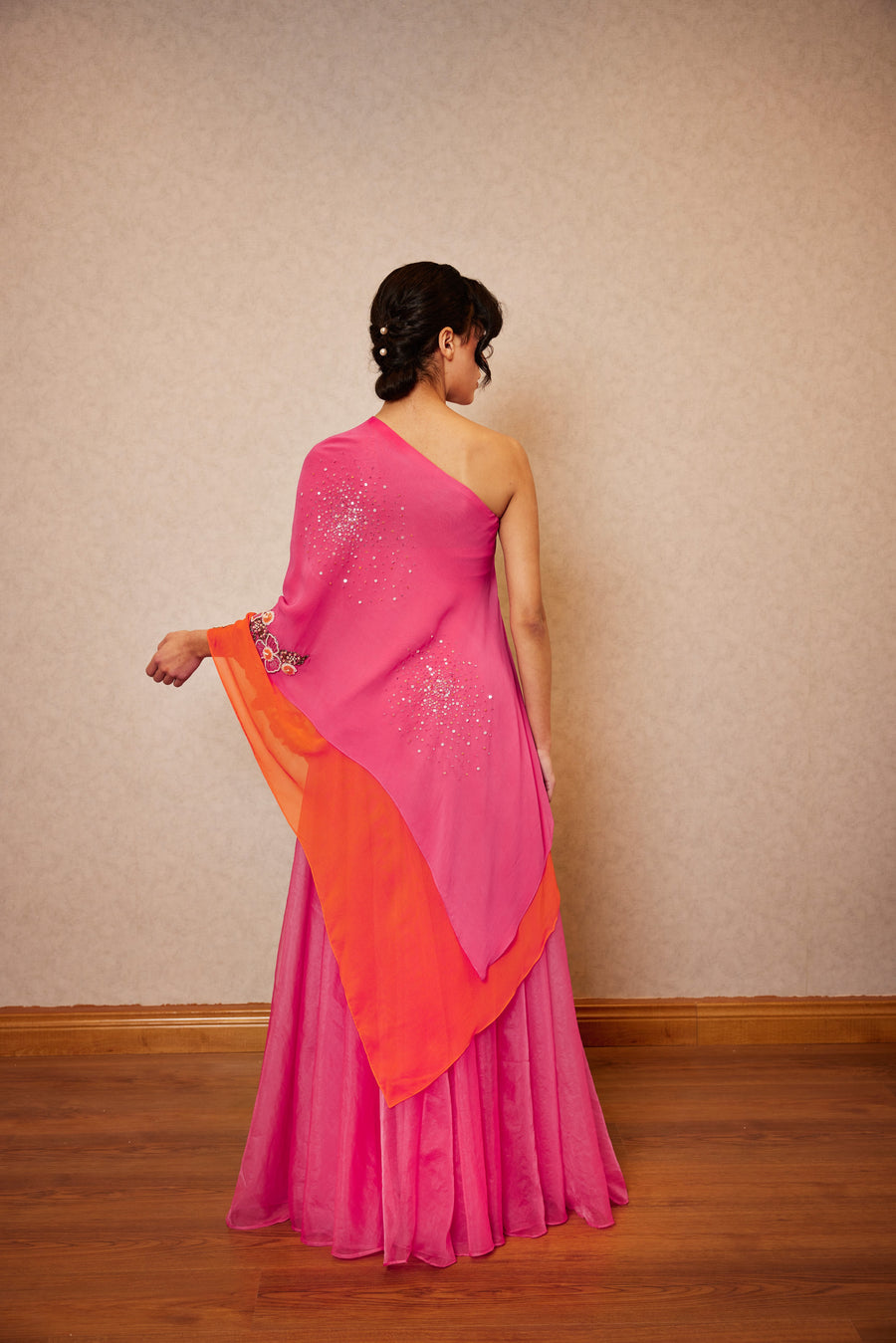 Hot Pink/Orange One Shoulder Cape Set