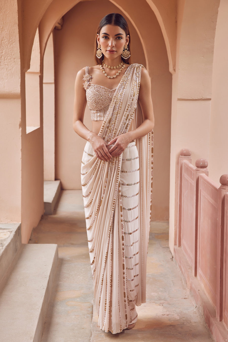 Powder Pink Pre-Draped Saree