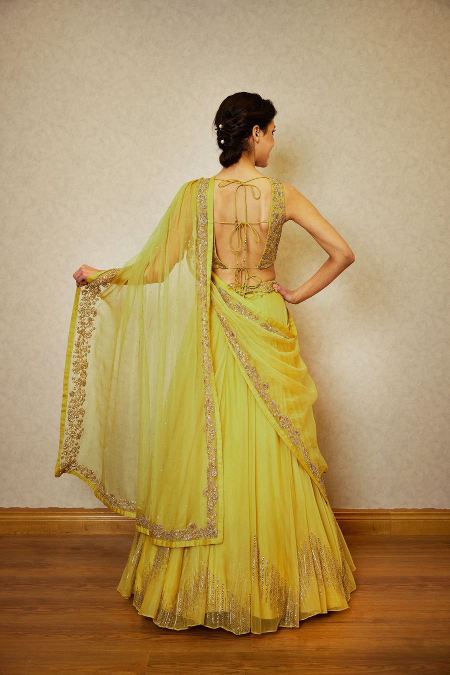 Lime Lehenga With Pre Draped Dupatta