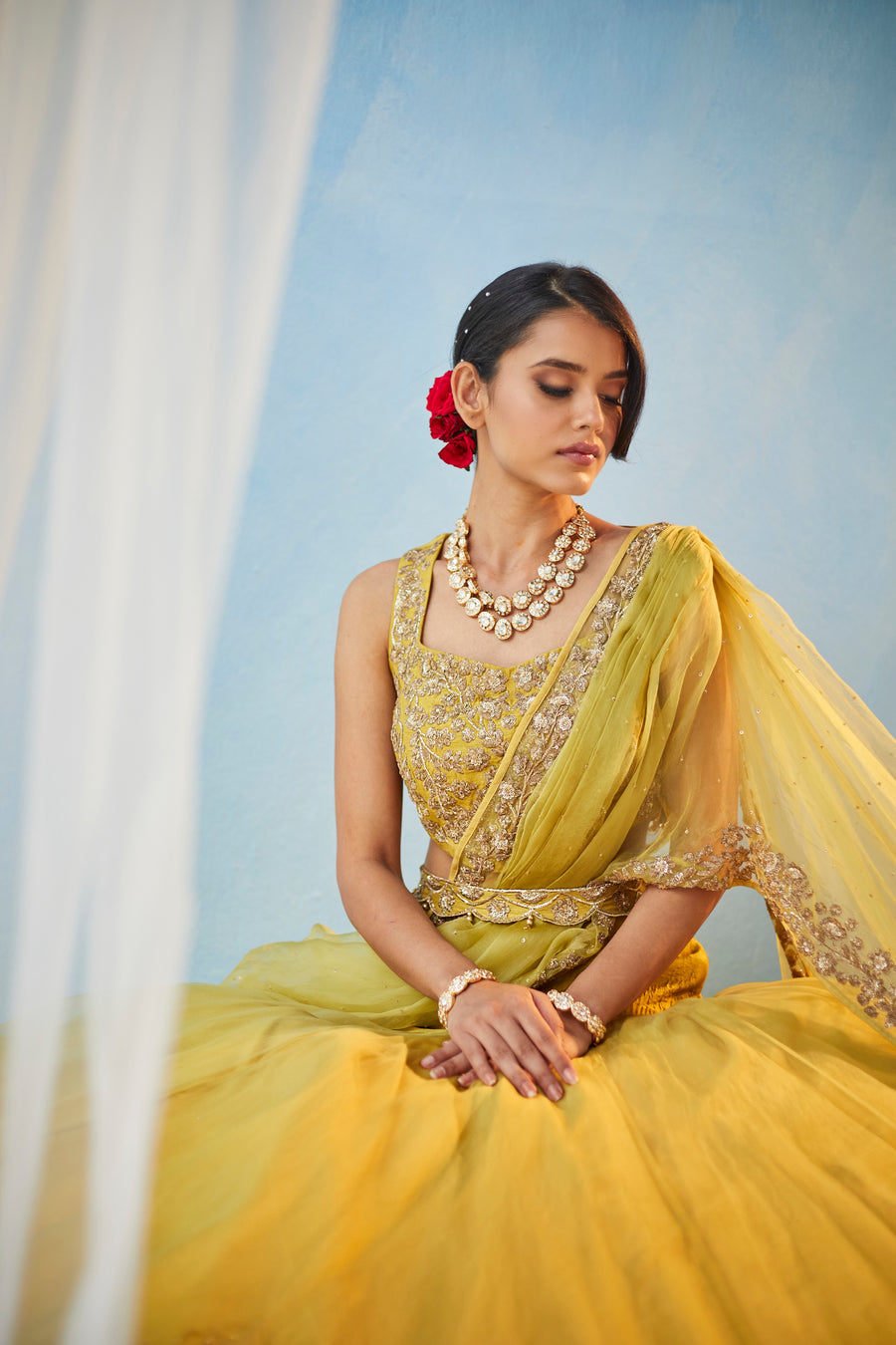 Lime Lehenga With Pre Draped Dupatta