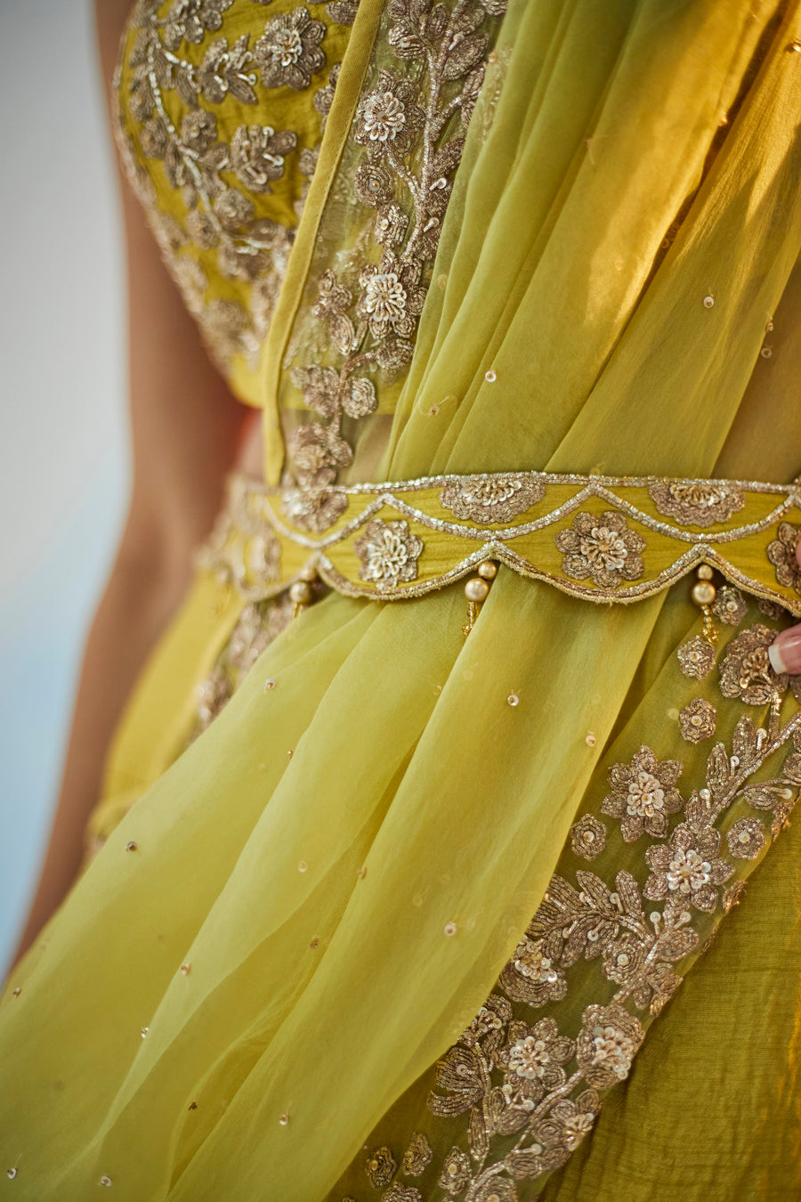 Lime Lehenga With Pre Draped Dupatta