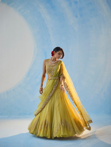 Lime Lehenga With Pre Draped Dupatta