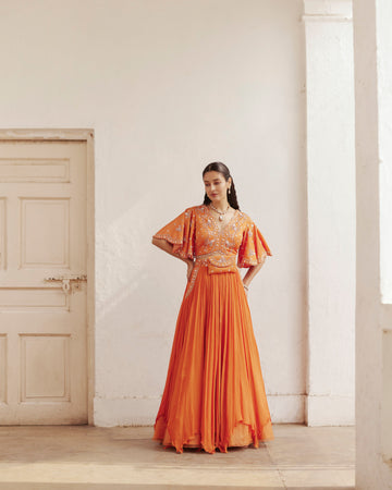 Burnt Orange Crop Top And Skirt With Belt Bag