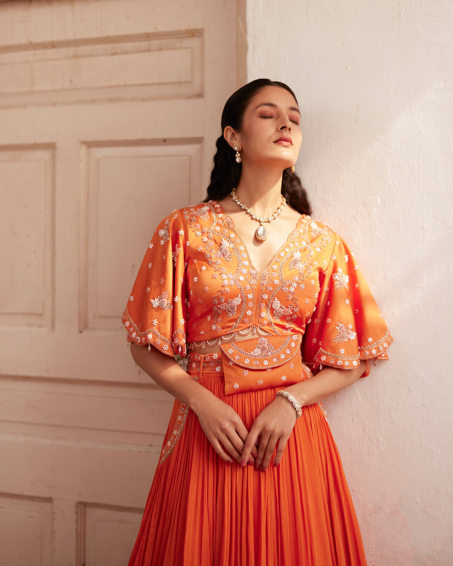 Burnt Orange Crop Top And Skirt With Belt Bag