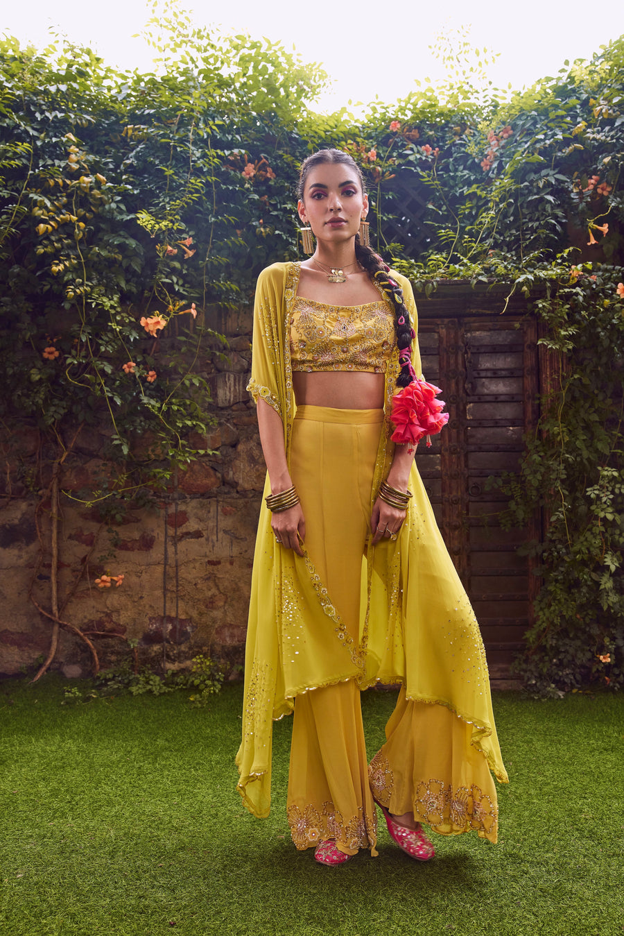 Lime Cape With Yellow Pants And Blouse