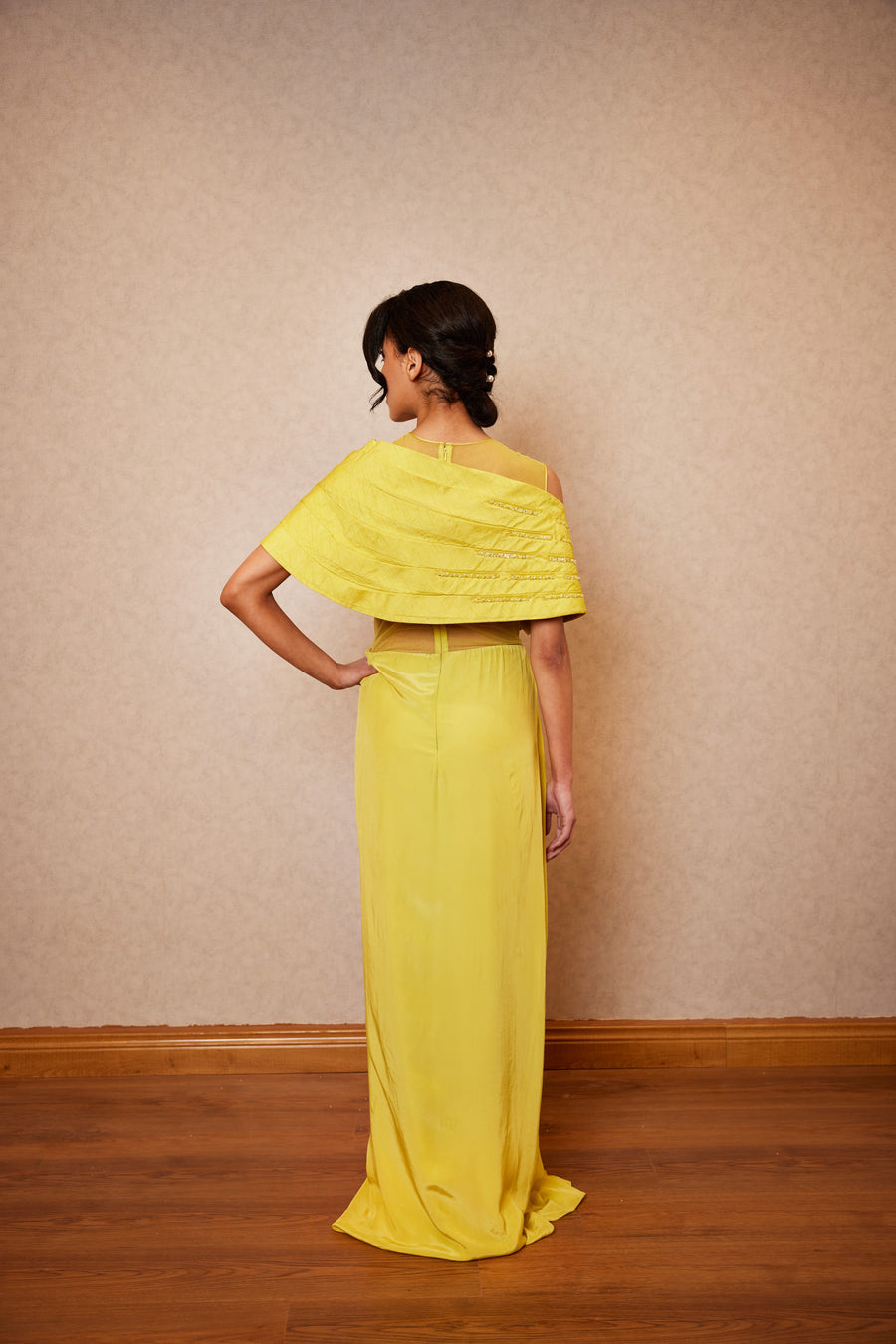 Lime Saree Gown With Shoulder Drape