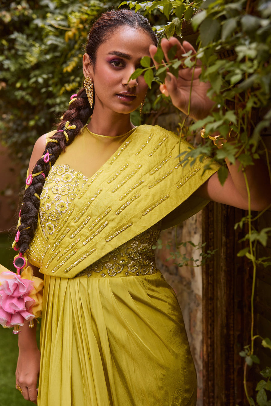 Lime Saree Gown With Shoulder Drape