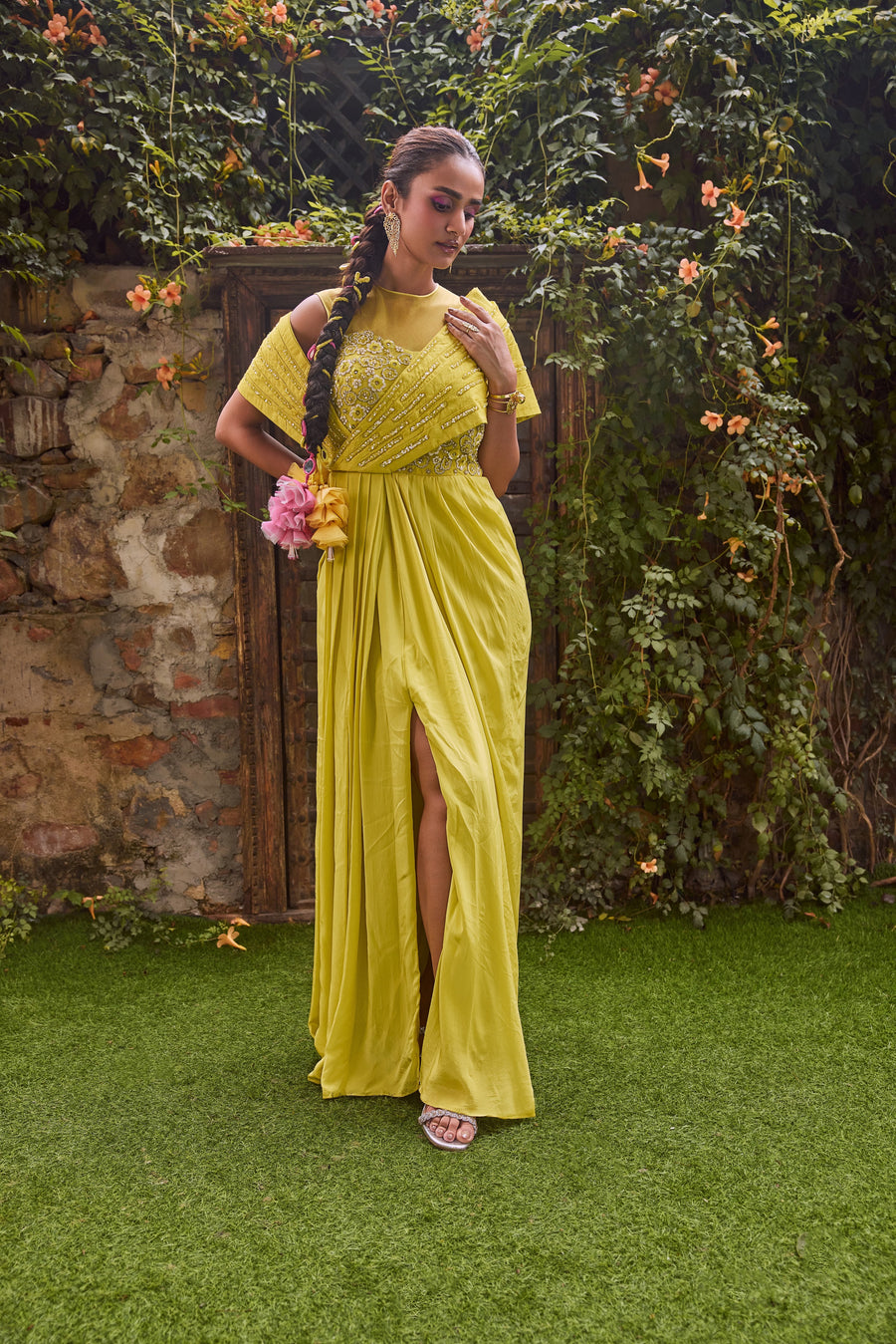 Lime Saree Gown With Shoulder Drape