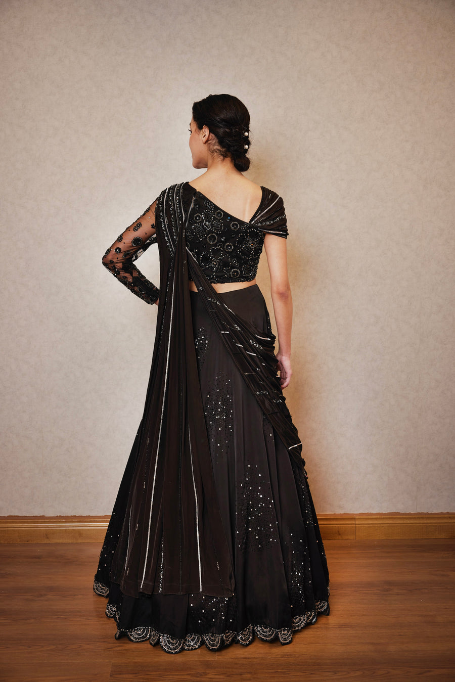 Black Lehenga With Draped Dupatta