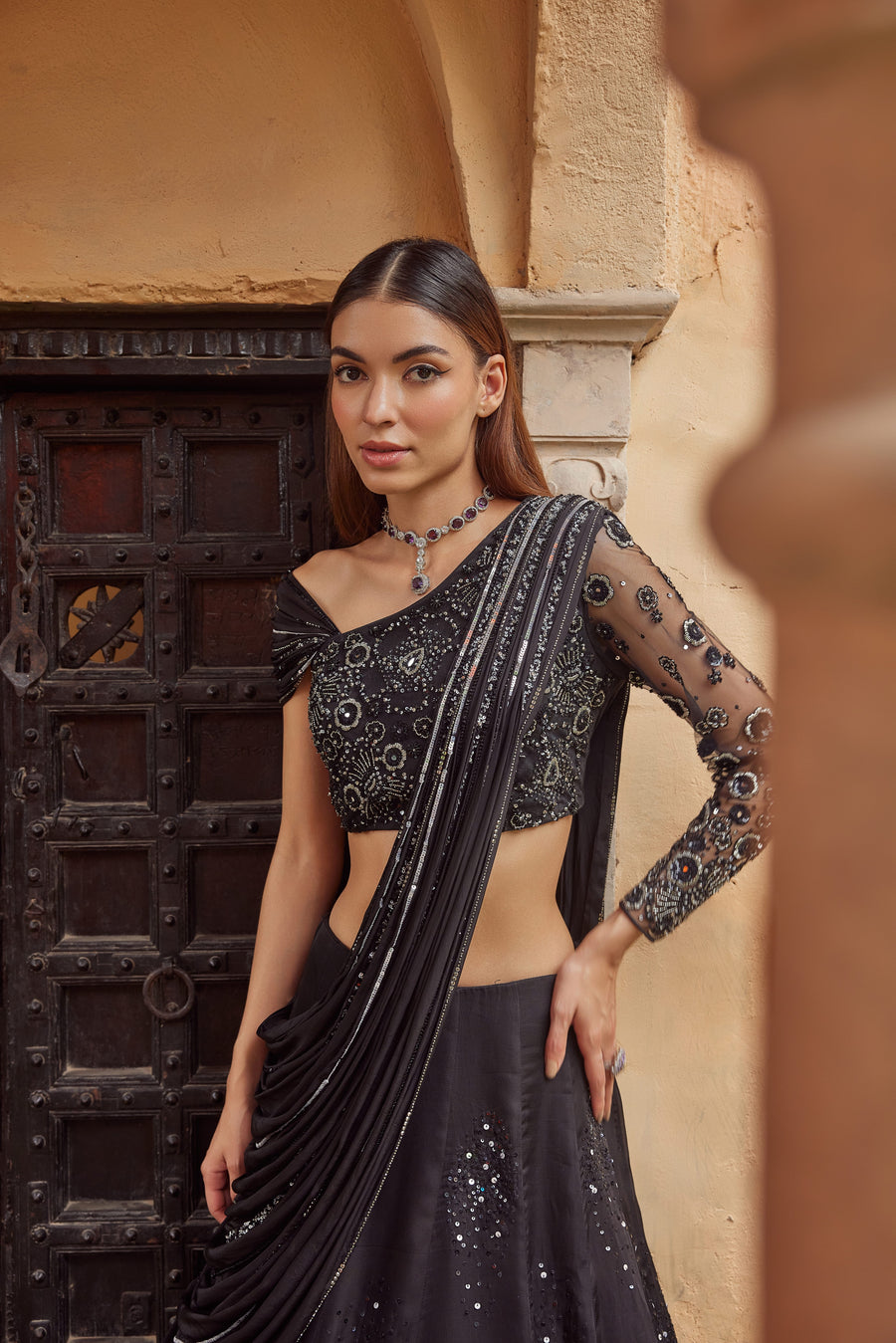 Black Lehenga With Draped Dupatta