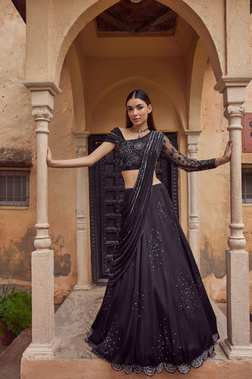 Black Lehenga With Draped Dupatta