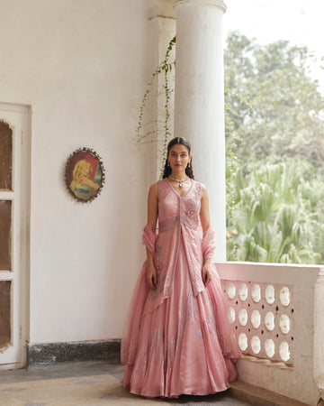 Rose Pink Asymmetric Peplum With Embroidered Lehenga