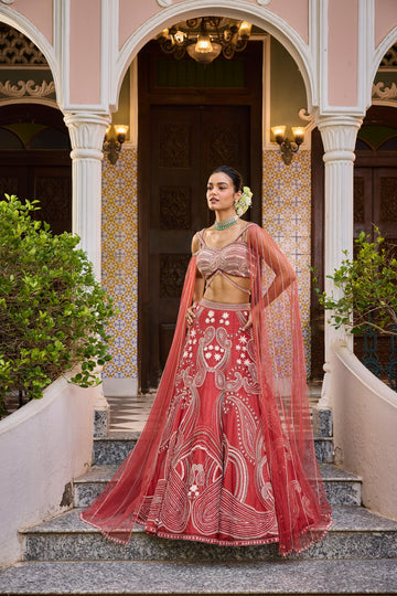 Brick Red Lehenga With Draped Dupatta