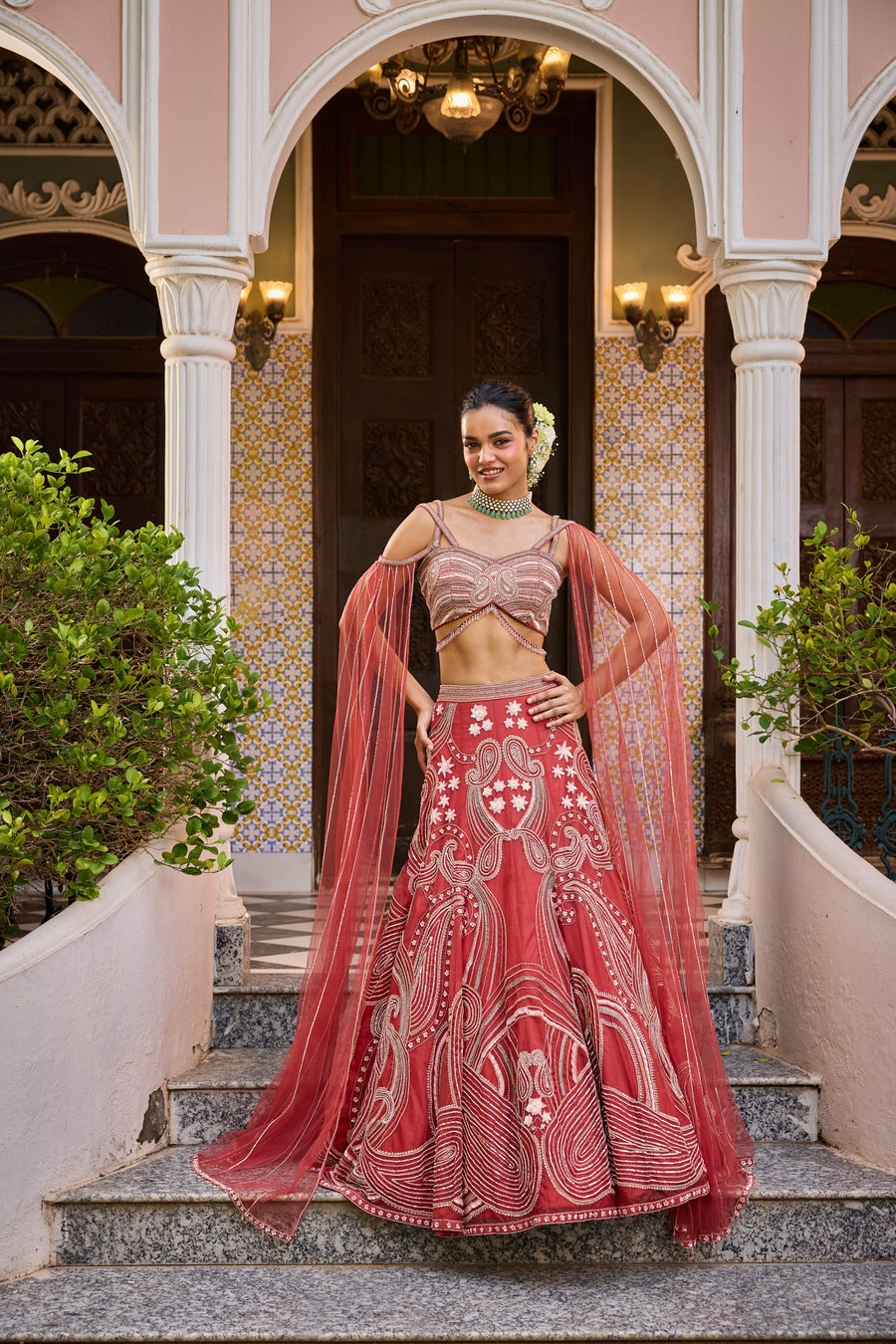 Brick Red Lehenga With Draped Dupatta