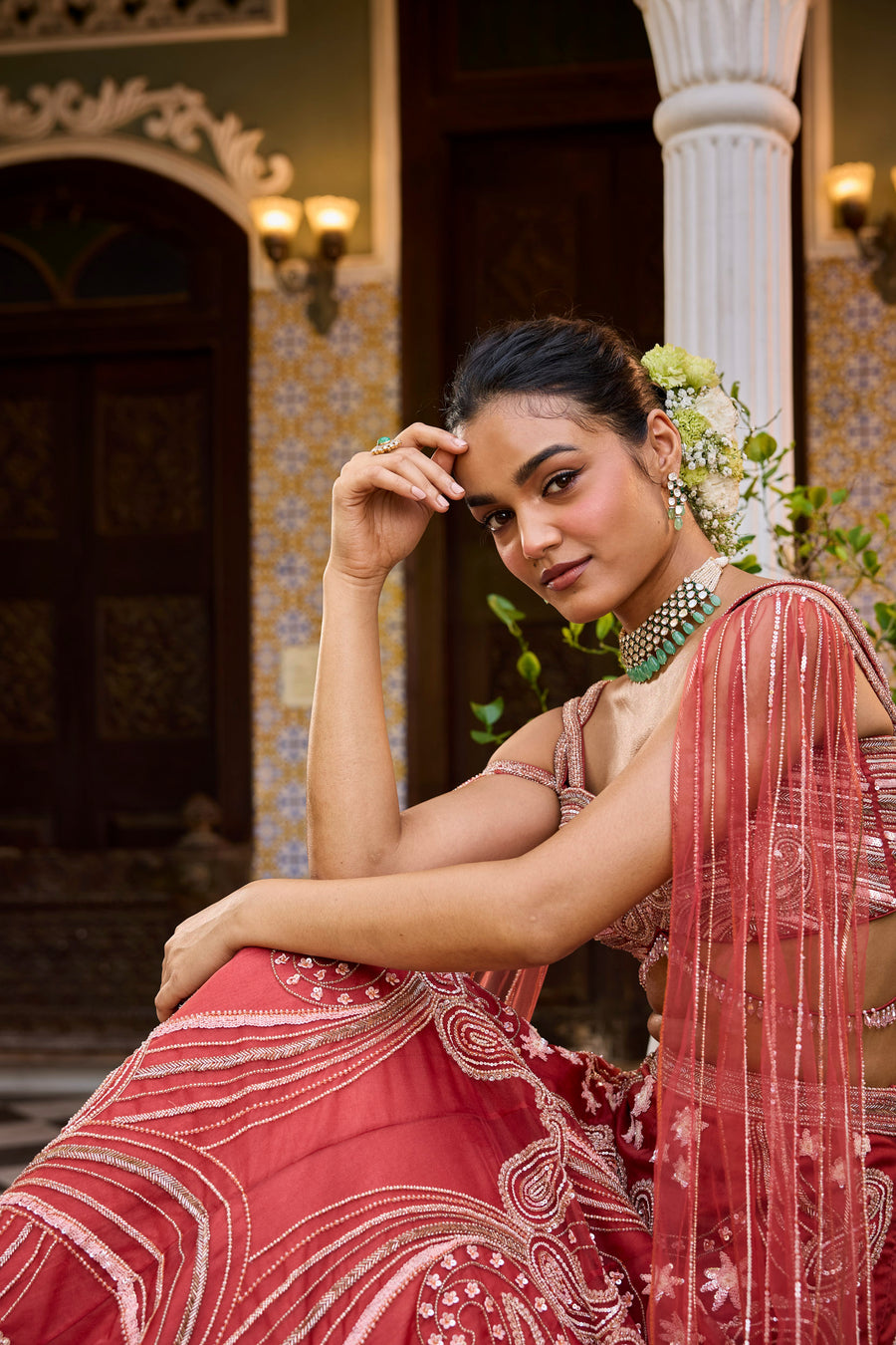 Brick Red Lehenga With Draped Dupatta