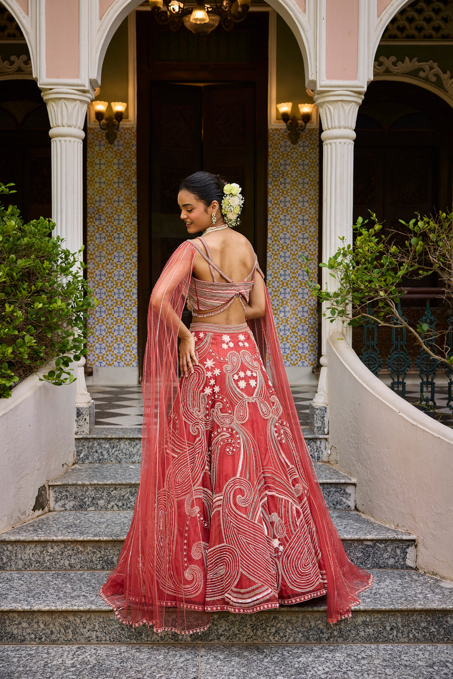 Brick Red Lehenga With Draped Dupatta