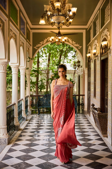 Brick Red Pre Draped Saree