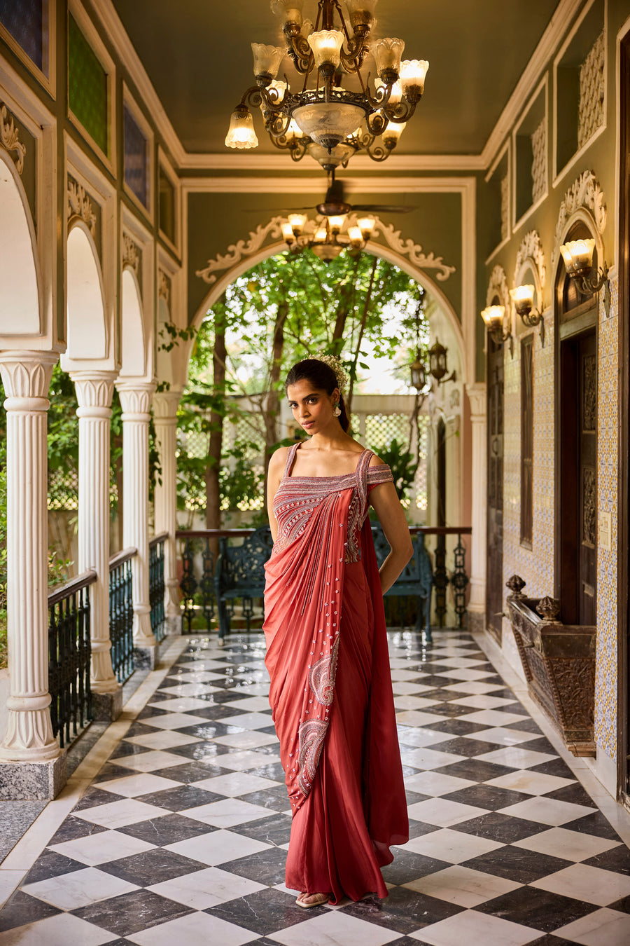 Brick Red Pre Draped Saree