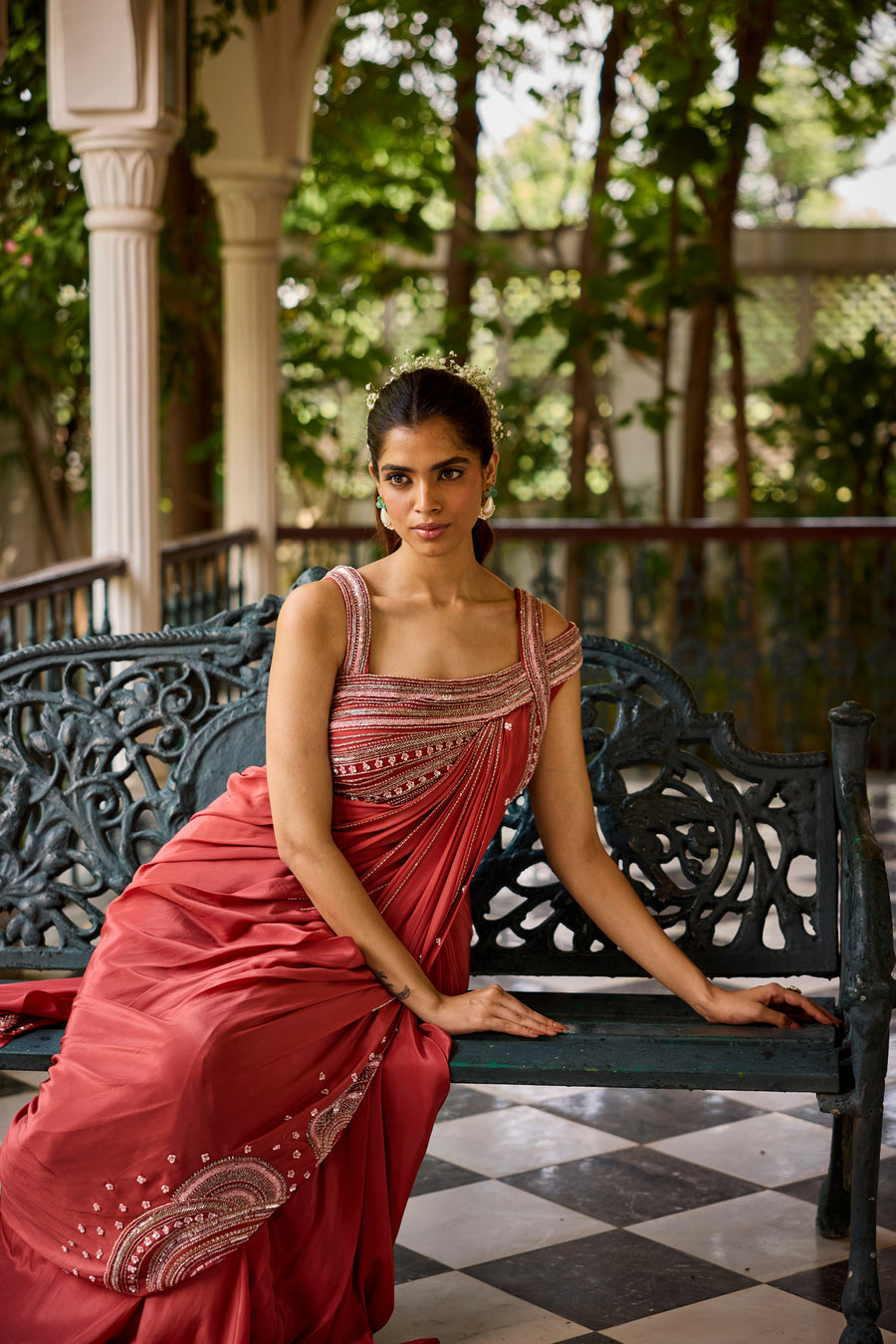 Brick Red Pre Draped Saree