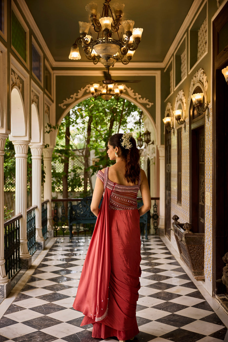 Brick Red Pre Draped Saree