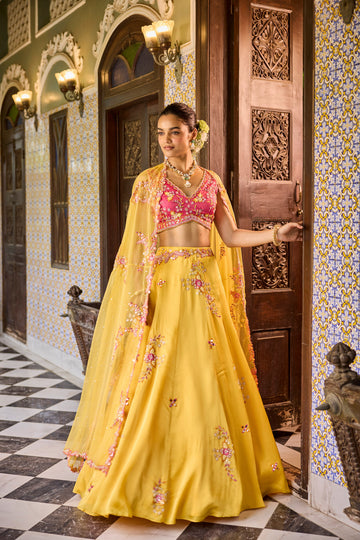 Yellow Lehenga With Pink Blouse