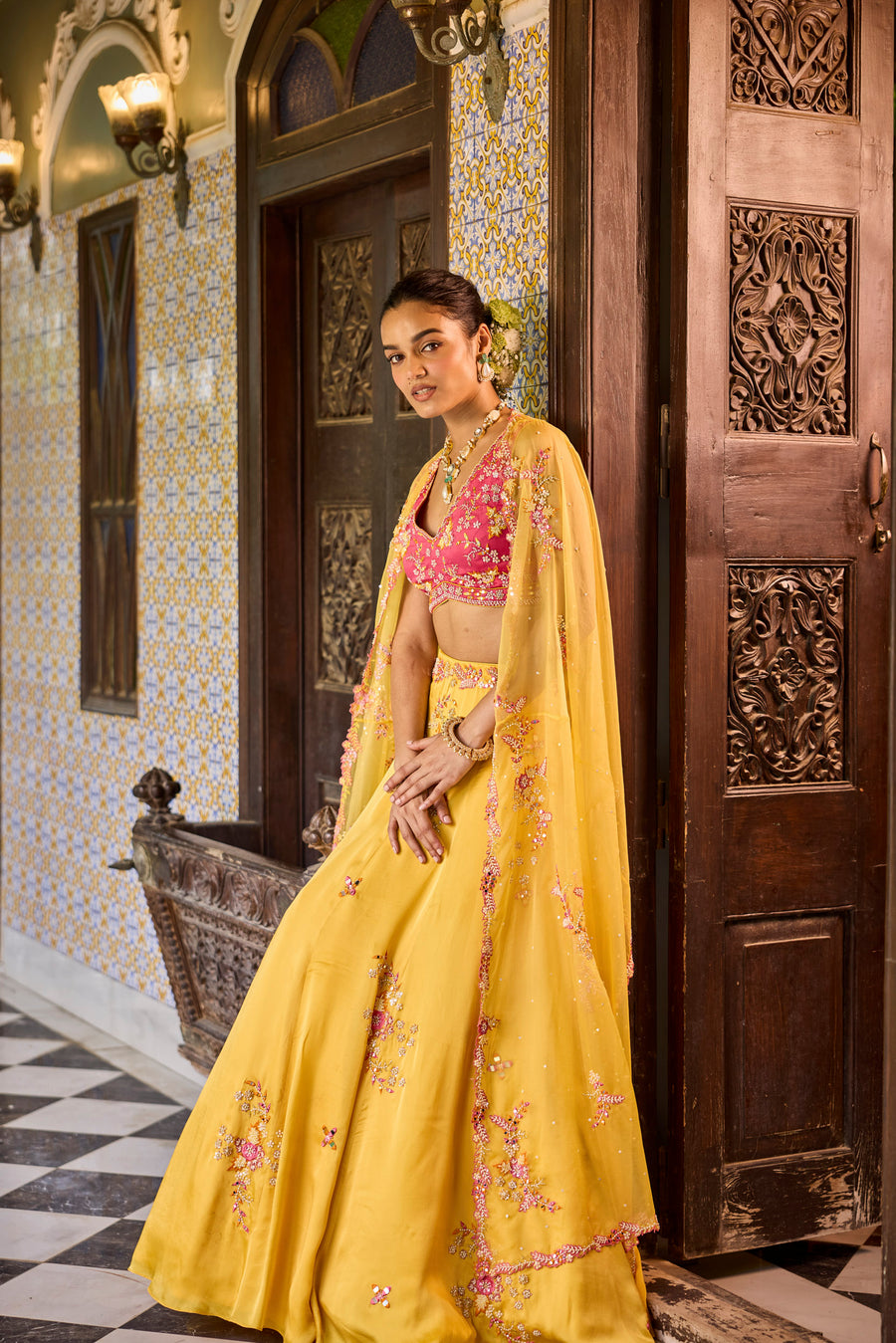 Yellow Lehenga With Pink Blouse