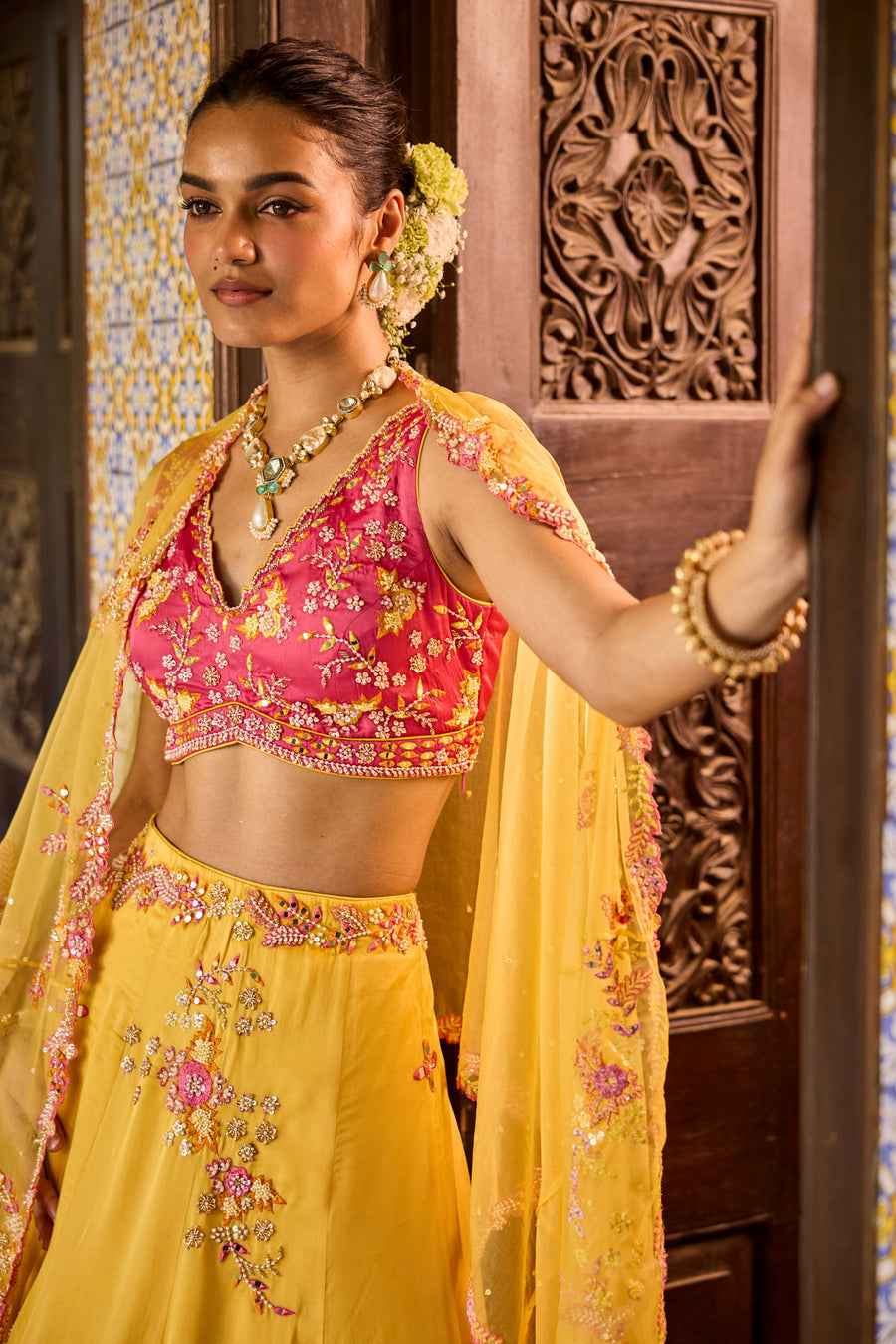 Yellow Lehenga With Pink Blouse