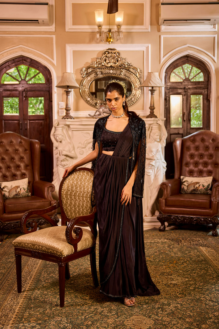 Black Saree With Cape