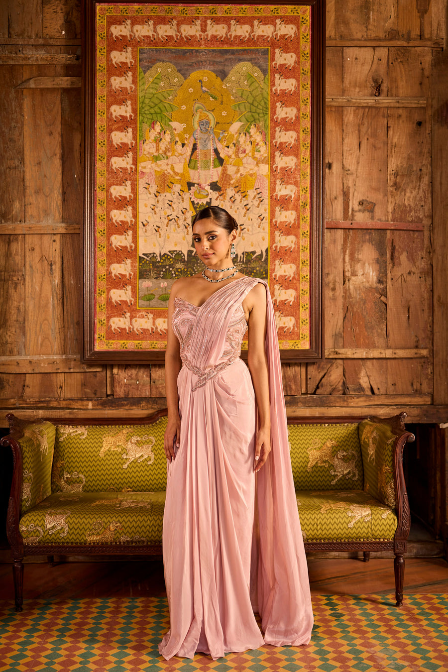 Onion Pink Pre-drapes saree