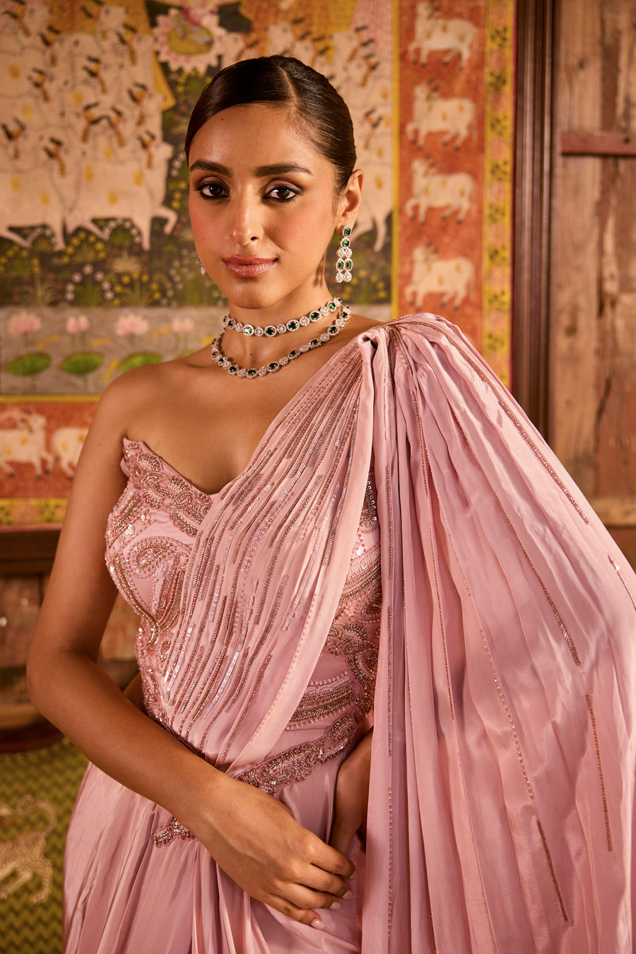 Onion Pink Pre-drapes saree