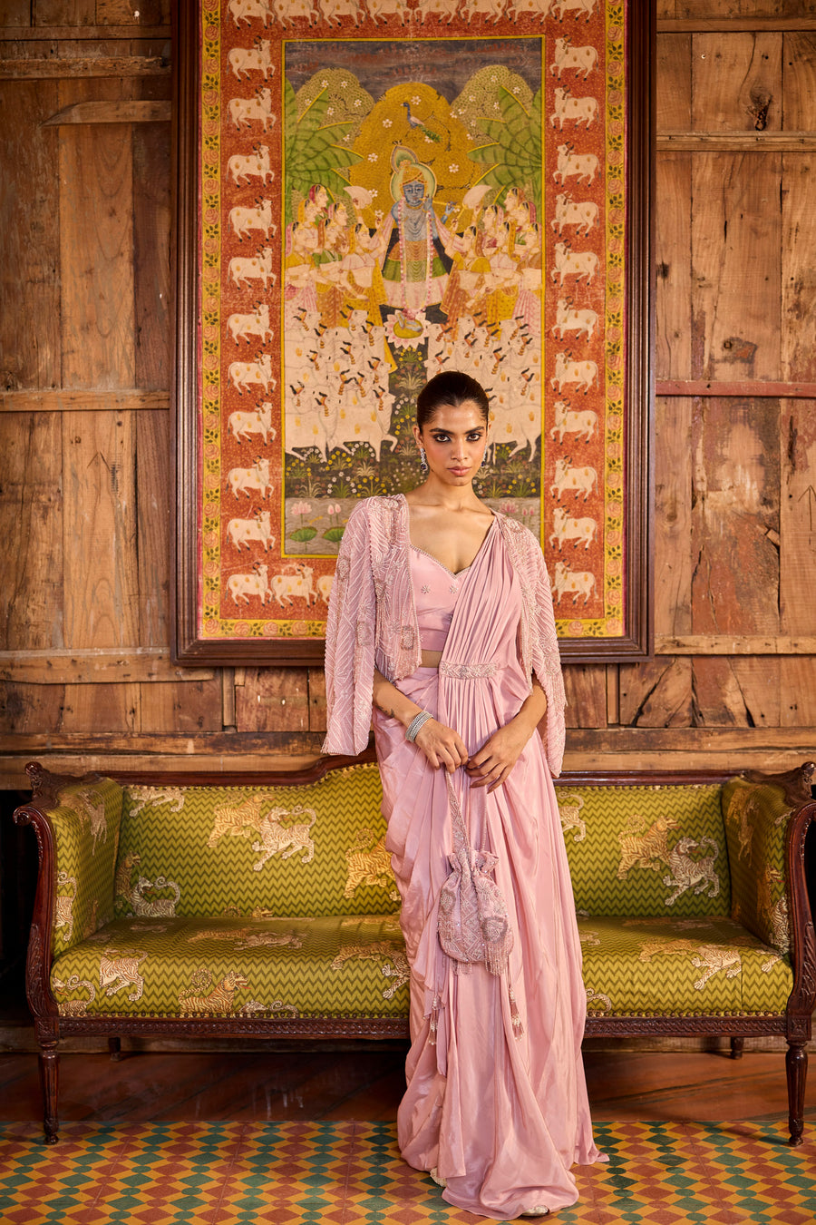 Onion Pink Draped Saree With Short Jacket