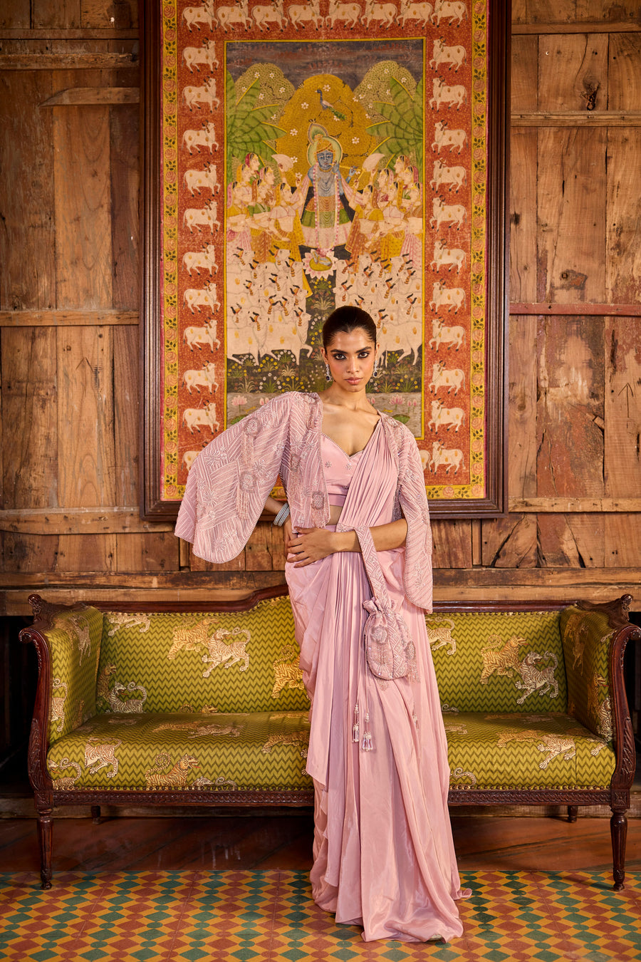 Onion Pink Draped Saree With Short Jacket