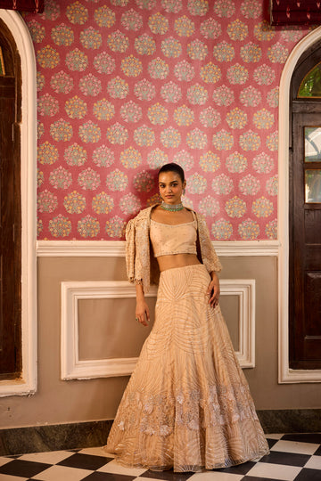 Champagne All Over Embroidered Lehenga With Short Jacket