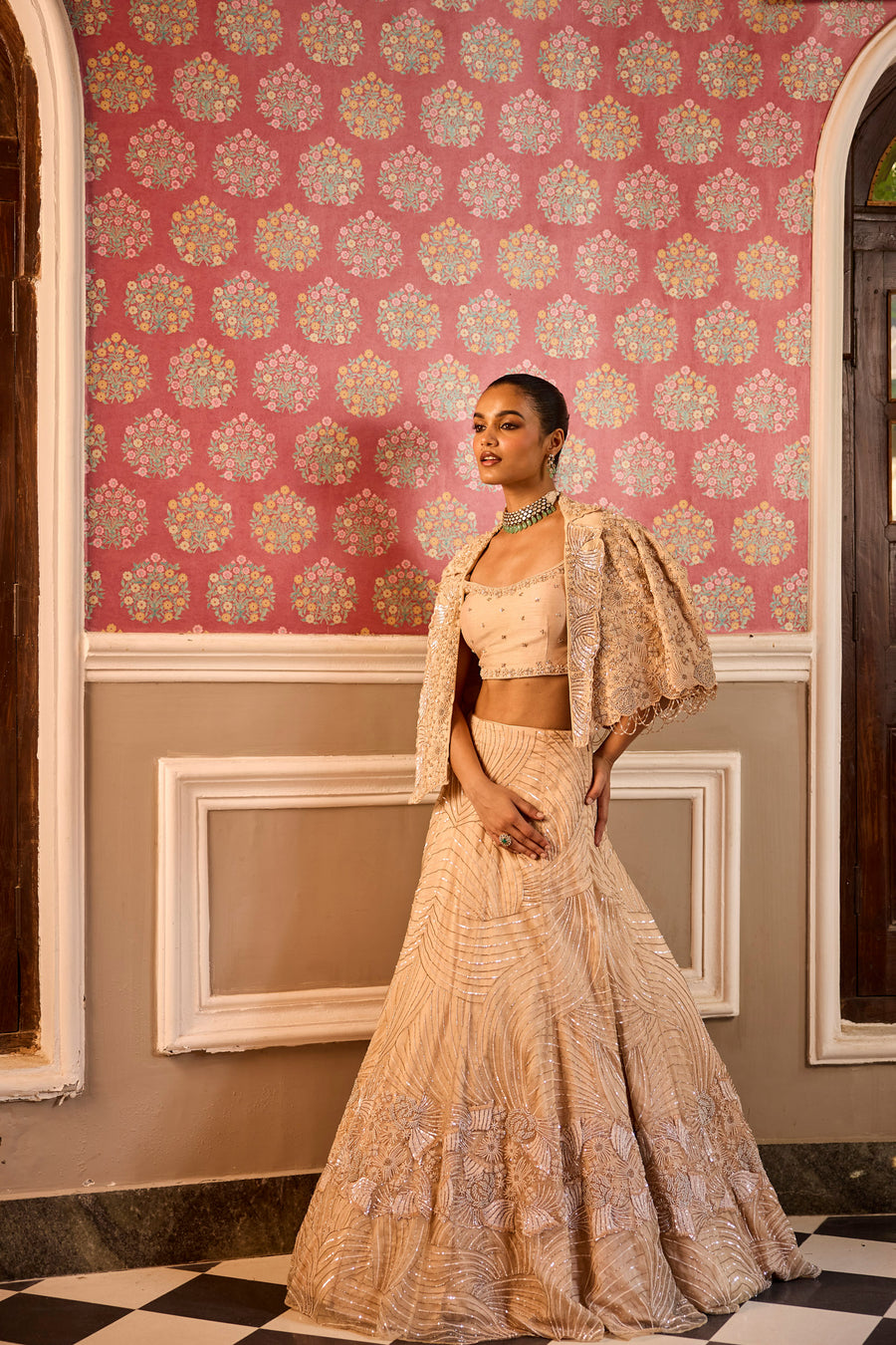 Champagne All Over Embroidered Lehenga With Short Jacket