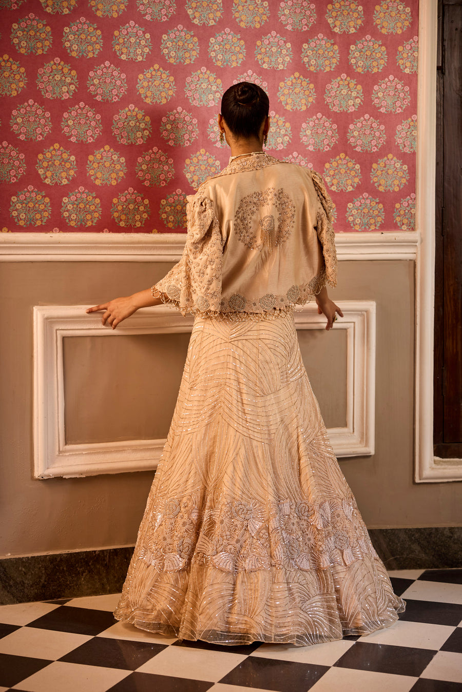 Champagne All Over Embroidered Lehenga With Short Jacket