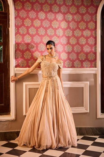 Champagne Draped Lehenga With Corset