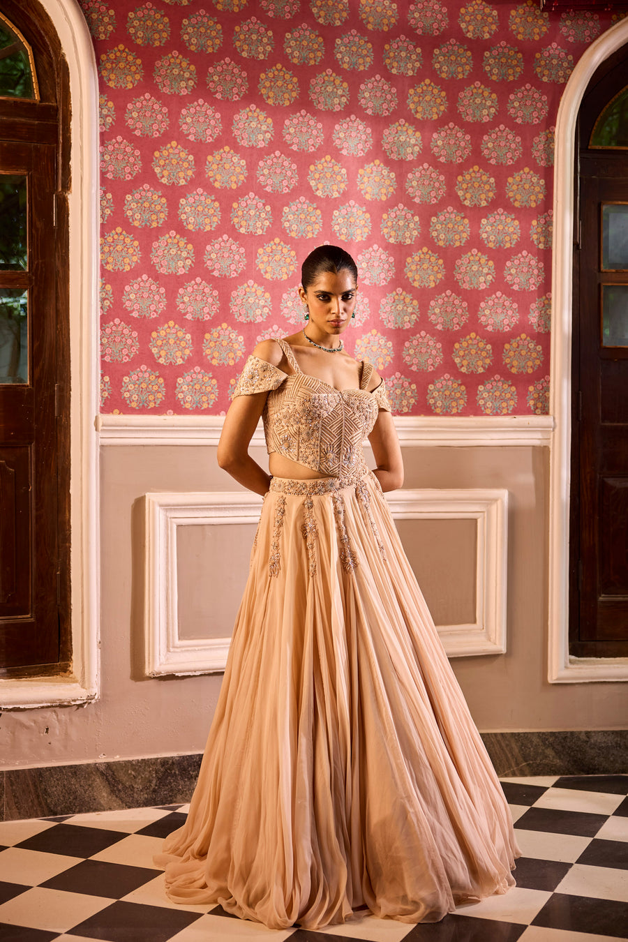 Champagne Draped Lehenga With Corset