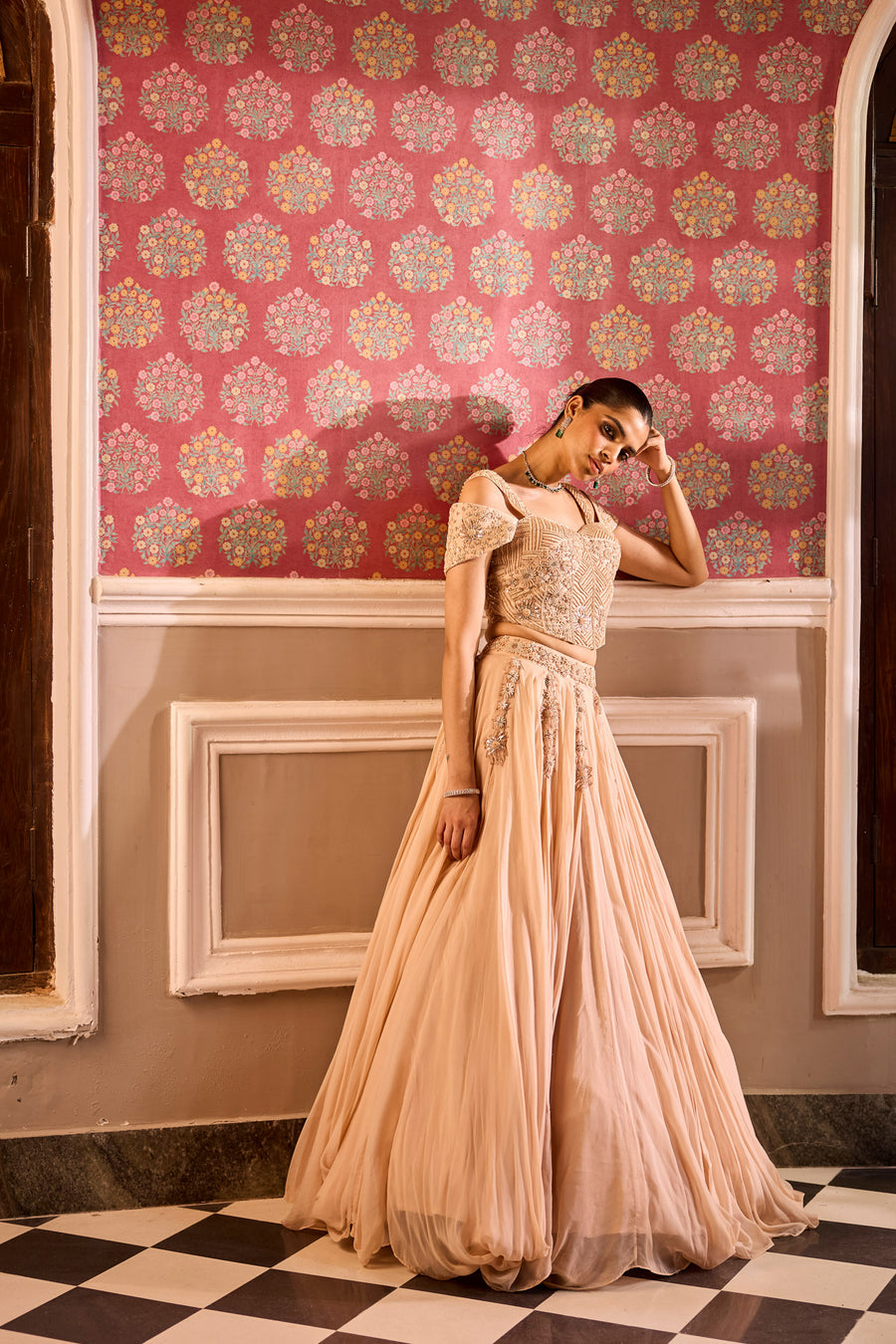 Champagne Draped Lehenga With Corset