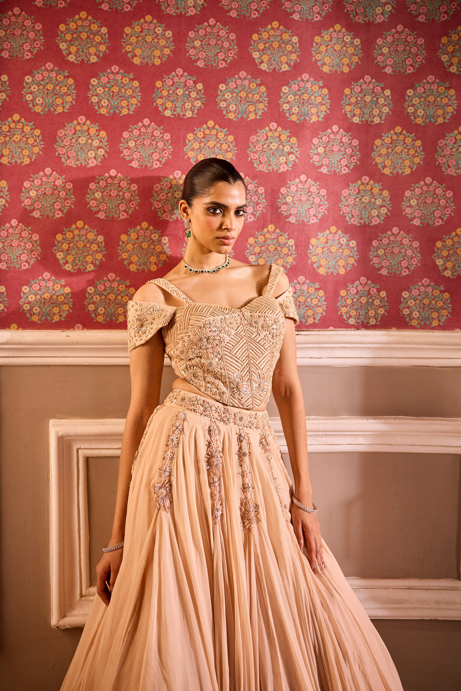 Champagne Draped Lehenga With Corset