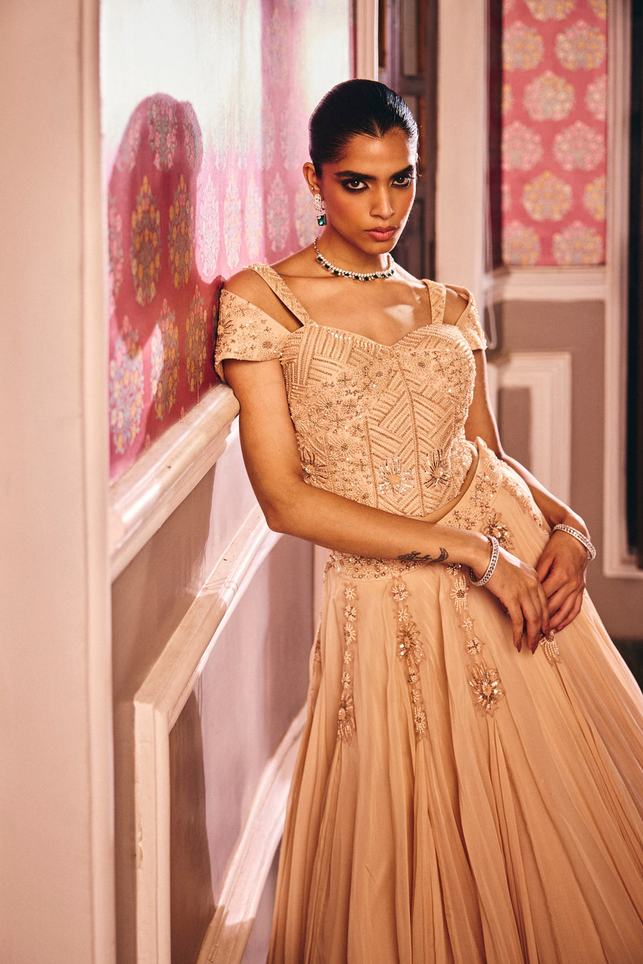 Champagne Draped Lehenga With Corset