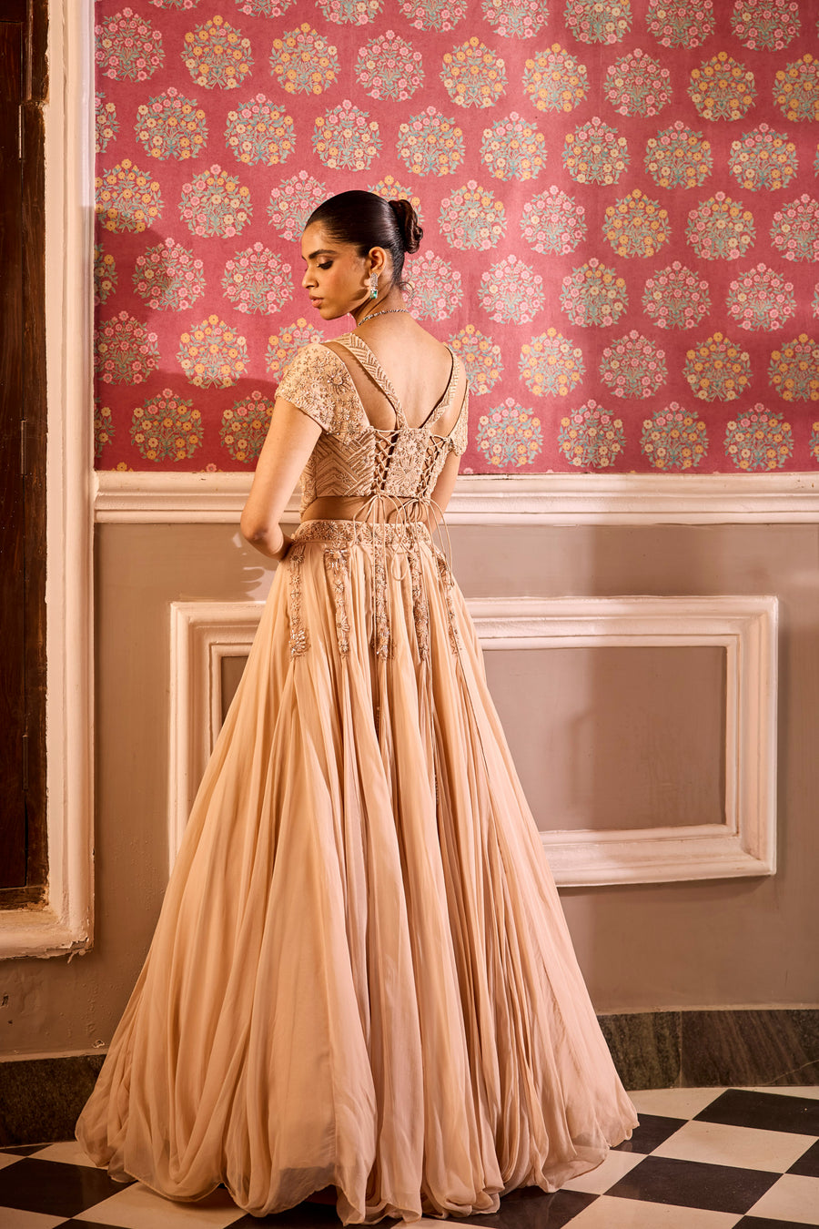 Champagne Draped Lehenga With Corset