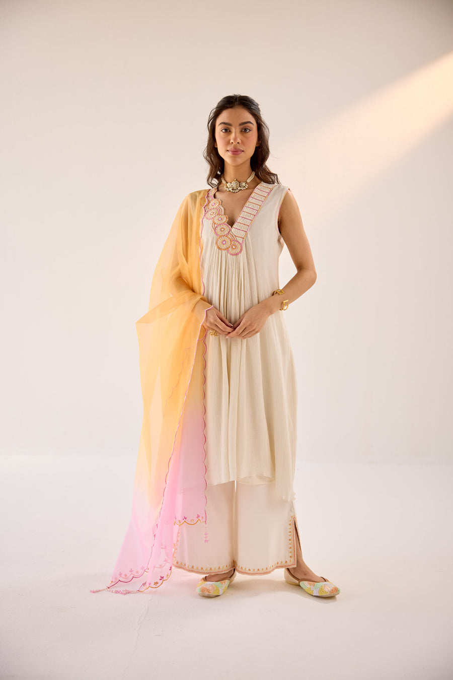 Off-White Kurta Set With Ombre Dupatta